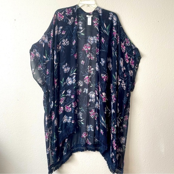 Maurices Tops - MAURICE’S Women’s Floral Navy Kimono w Fringe High-Low Hem